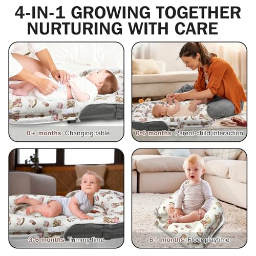 Image of Baby Lounger, Foldable Portable Waterproof Baby Nest Cover, 0-24 Months Newborn Tummy Time Training & Seating Support Pillow, Dual-Use Breathable Infant Lounger Backpack for Home & Travel (Pink Bear)