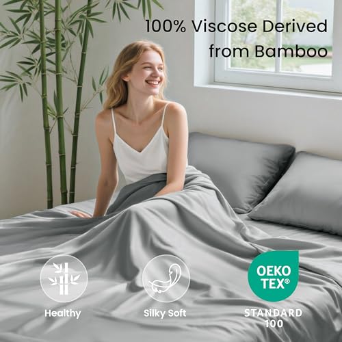 Image of Love's cabin 4 Piece Queen Sheet Set, 100% Rayon Derived from Bamboo, Cooling & Breathable, Soft Silky Deep Pocket up to 16 inch, Hotel Luxury Bedding for Hot Sleepers, Light Grey