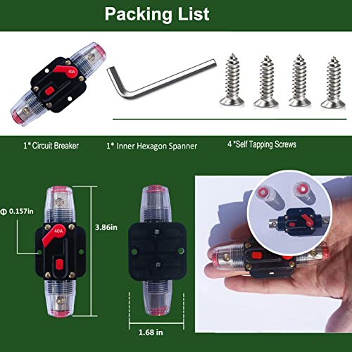 Image of 40 Amp Circuit Breaker Manual Reset Waterproof Inline Fuse Inverter for Car ATV Marine Trolling Motors Boat Power Protect 12V-48V DC, with Inner Hexagon Tool & Screw