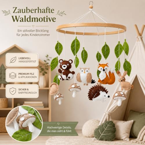 Baby Mobile Halterung Holz,Mobile Waldtiere, Tierchen Waldtiere Bettglocke aus Filz Babybett Bettglocke Anhänger Mobile Babyzimmer Deko… – Ansicht 6