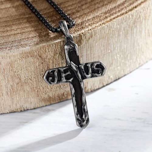 Image of Wooden Cross Necklace for Men with Stainless Steel Adjustable Chain 24-26in, Christian Wood Crucifix Pendant Gift for Him
