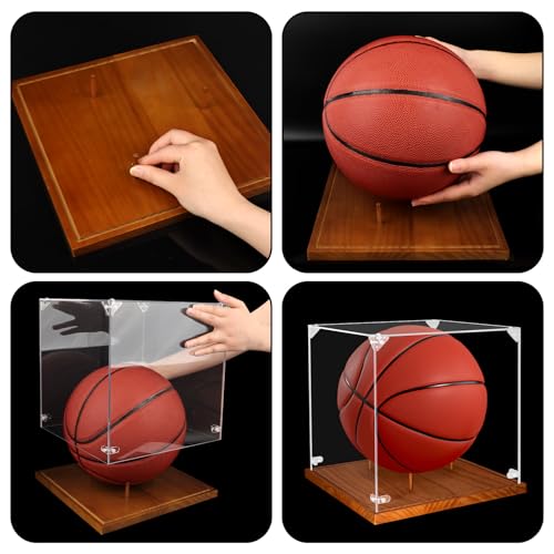 Image of Clear Acrylic Basketball Display Case with Wood Base & Tee, Memorabilia Stand Cube Holder, Dust Protection Transparent Storage Box for Single Ball Souvenir Basketball Collections