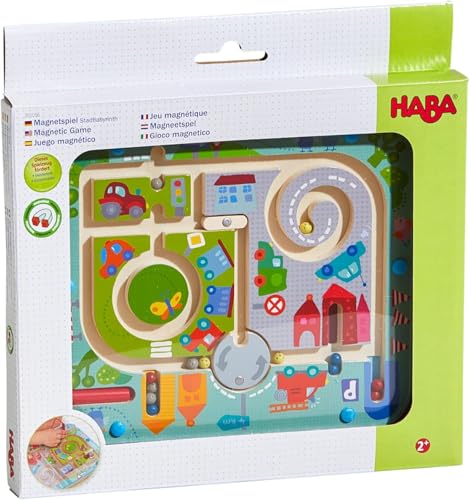 HABA Magnetspiel Stadtlabyrinth – Interaktives Lernspielzeug für Kinder ab 2 Jahren aus Holz – Fördert Konzentration, Geschicklichkeit & Feinmotorik – Erste Schritte im Straßenverkehr – 1301056001