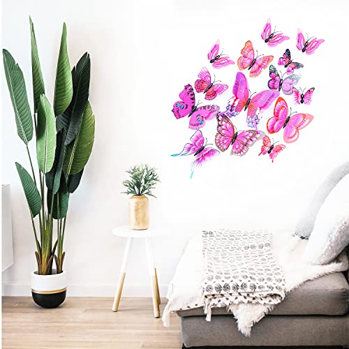 Tuxiaobu 24Pcs Butterfly Wall Decal, Removable Refrigerator Magnets Mural Stickers, 3D Wall Stickers For Kids Home Room Art Decorations Wall, Double Wings - Pink #TOP3