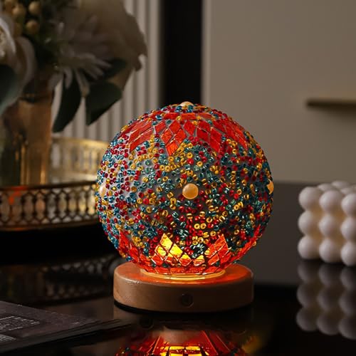 Maroc Orange Lampe de mosaïque Vintage Retro teinté turc marocain bohème Tiffany côté lit coloré verre fait à la main avec base en bois USB charge...