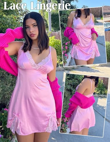 Image of ADOME Lingerie for Women Lace Chemise Nightgown Satin Babydoll Dress Silk Slip Nightwear S-XXL