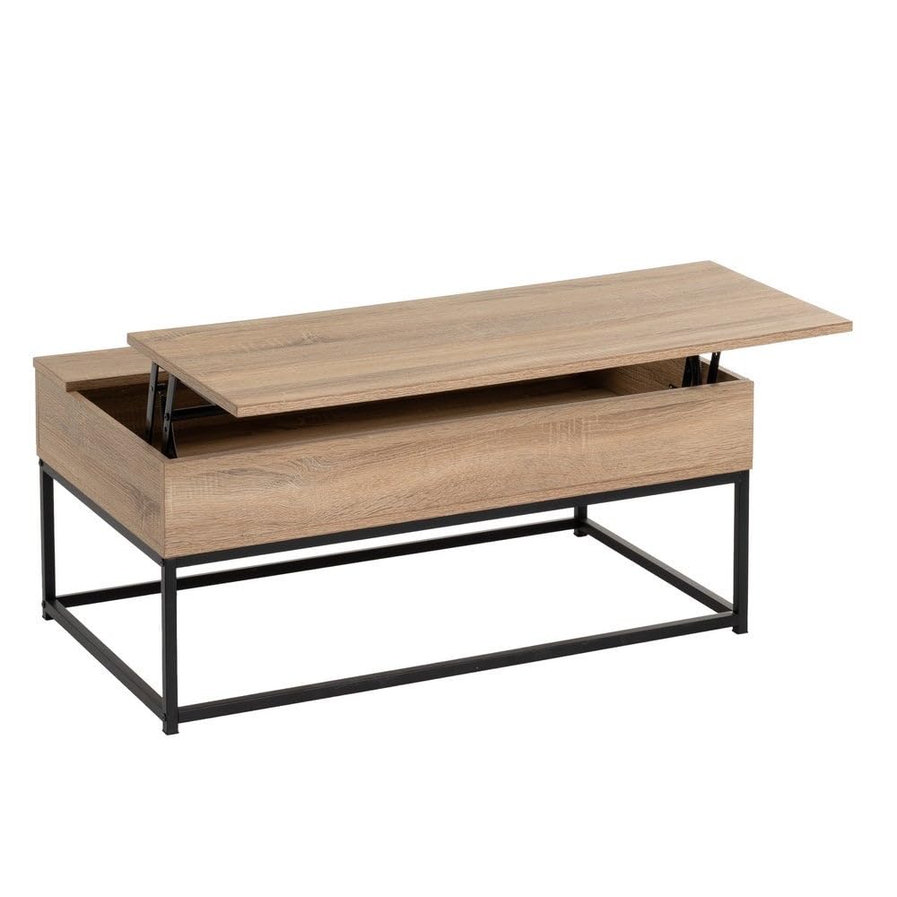 LOLAhome Mesa de Centro Elevable Urban 100x55x40/53 cm con Almacenaje Madera Roble y Metal Negro Mesa Auxiliar Salon Comedor Mesa Baja Industrial para Sofa Comer y Trabajar Portatil