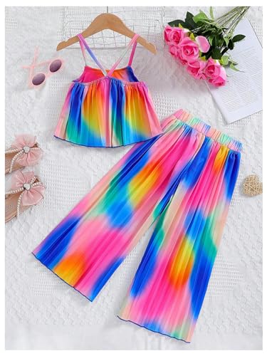 Image of RoseSeek Girl's 2 Piece Boho Cute Outfits Pleated Spaghetti Strap Camisoles Elastic Waist Wide Leg Pants Sets