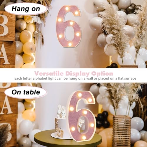 Image of LED Marquee Numbers, Small Light Up Numbers for Party, 8.58 Inch Battery Powered Lighted Number for Birthday, Night Light, Table or Home Decor (Pink Glitter, Number 6)