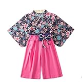 [Goodview Household] 袴風 キッズ 浴衣 女の子 和服 上下セット 90~130cm 子供用 ガールズ 着物 可愛い ベビー ゆかた 袴 ドレス 七五三 祝い 花柄 蝶結び 子供服 祭り 花火大会 記念撮影（110cm、ブルー）
