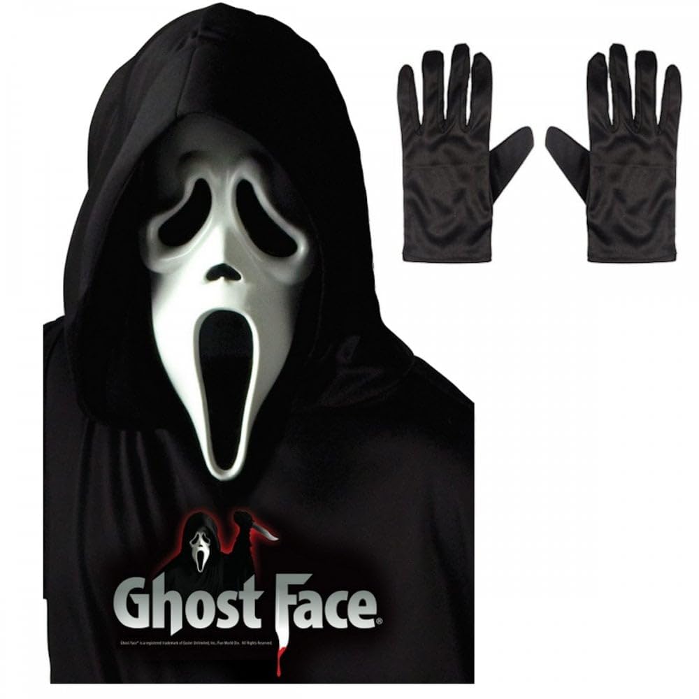 A2ZFD Adult Unisex Official Scream/Ghost Face Mask with Hood + Black Gloves : Halloween Horror Film Theme Fancy Dress Accessory Set