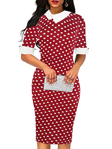 oxiuly Women's Vintage Polka Dot Patchwork Work Bodycon Pencil Sheath Casual Dress OX276 (M, Wine Dot)