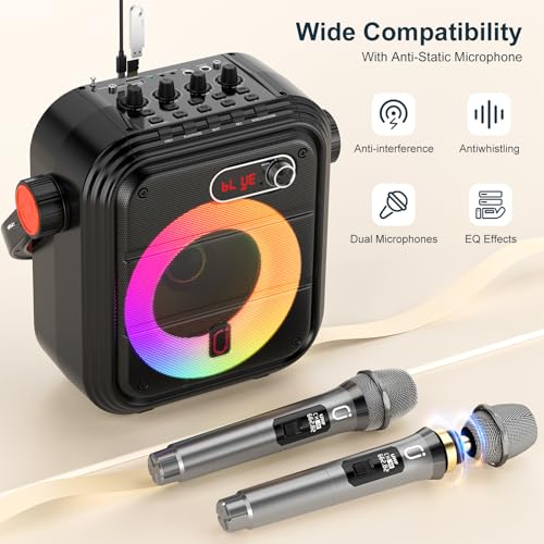 Image of JYX Karaoke Machine with 2 Wireless Microphones, Portable Bluetooth Speaker PA System with Shoulder Strap, RGB Lights, Subwoofer Support TWS, USB, Radio, AUX, REC, Bass&Treble for Home Party /Adults