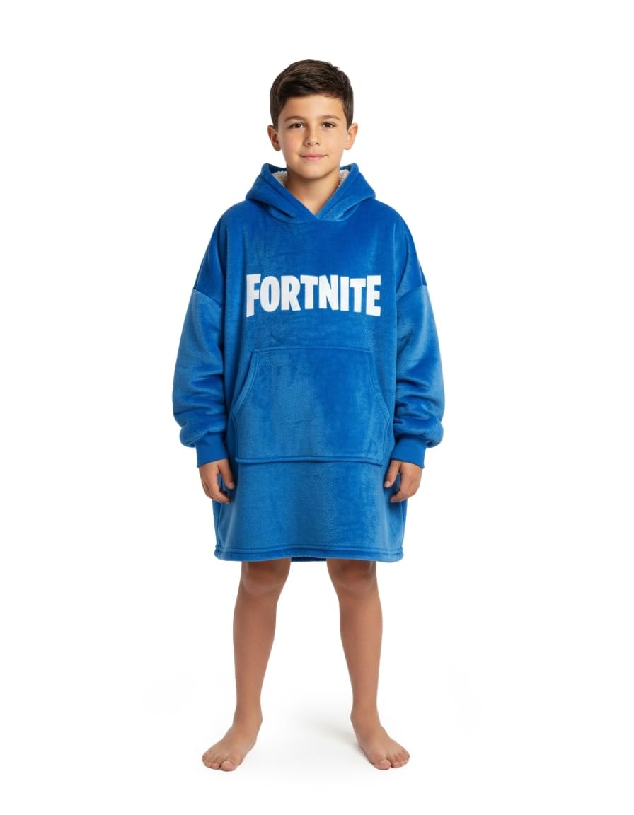 Fortnite Blue Unisex Kids Blanket Hoodie | Cosy Fleece Loungewear with Hood & Long Sleeves | Perfect for Gaming Nights & Relaxing Merch