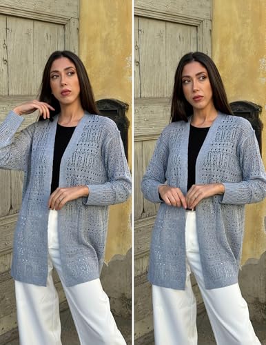 Image of Zeagoo Womens 2026 Summer Crochet Cardigan Sweaters Lightweight Long Sleeve Open Front Kimono Boho Knit Cover Ups Grey