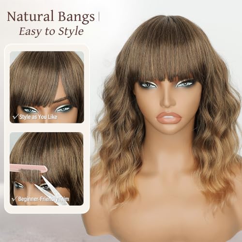 Image of Nnzes Short Wavy Bob Wig with Bangs for Women Shoulder Length Curly Soft Brown to Honey Blonde Ombre Synthetic Heat-Resistant Fiber Hair for Daily & Party Use
