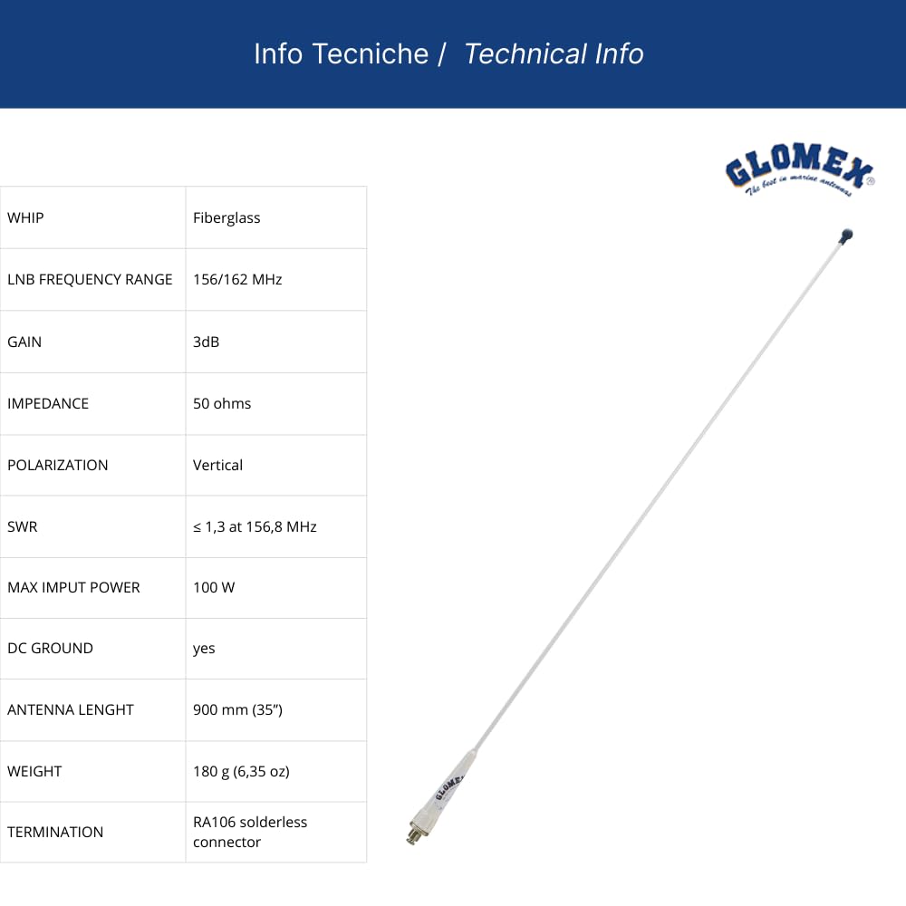 Glomex – Kit Antenna VHF Glomeasy 0,9m (Bianco), Modello RA106GRPPB6135 – Include Antenna GRP, Cavo 6m, Supporto Passacavo, Adattatore, Per barche a vela, motore, gommoni, yacht – Installazione Rapida