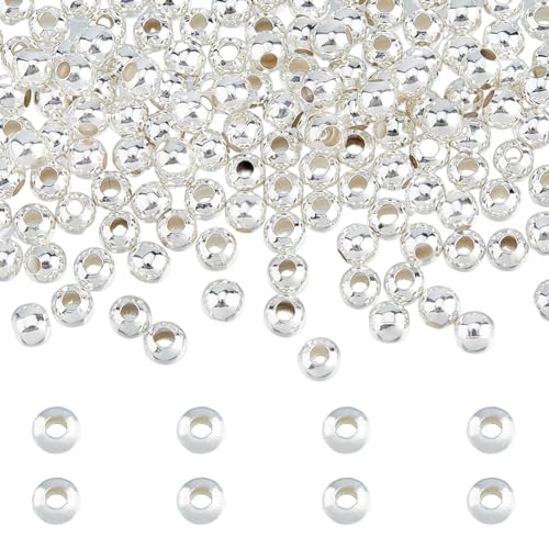 DICOSMETIC 200Pcs 925 Silver Plated 4mm Round Beads Smooth Round Brass Beads Metal Loose Beads Ball Spacer Beads for Jewelry Making DIY Crafts Hole: 1.6mm