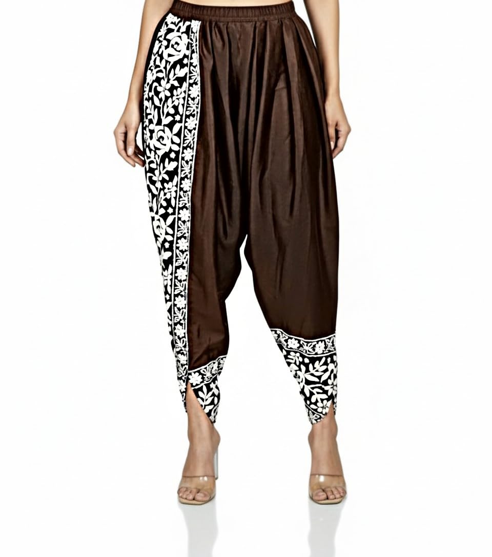 Women's Dhoti Style Pants with Floral Print Border, Elastic Waist, Available in White, Black, Silver, Green, Blue, Brown, and Lavender, Cotton (in, Alpha, 3XL, Regular, Brown)-picture-24