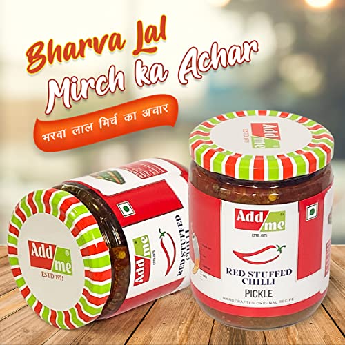 Image of Add Me Red Stuffed Chilli Pickle Homemade lal mirch ka Bharwa banarasi achar Pickles in Mustard Oil 500 Gm Glass Pack