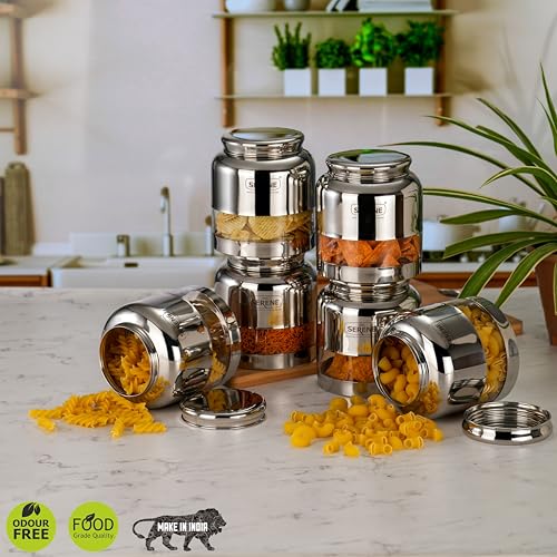 Image of Serene Stainless Steel Exotic See-Through Jar | Airtight Jars for Kitchen Storage | Premium Steel Jars with One Turn Lock Lid | Transparent Stainless Steel Containers | 1000ML | 6 PC