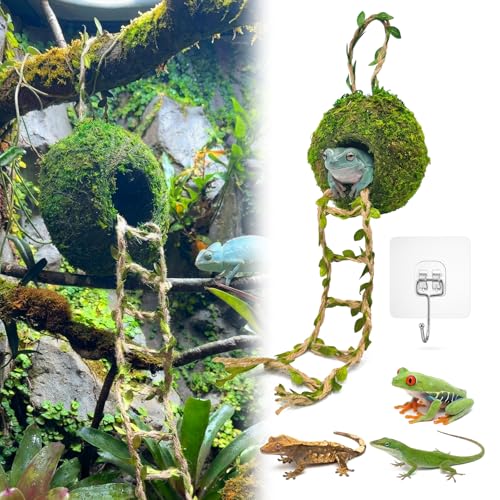 Moss Cave Hideout with Hanging Rope & Hemp Climbing Ladder Natural Reptile Tank Decor Accessories for Crested Geckos Chameleons Tree Frogs Leopard Geckos & Snakes. Terrarium & Vivarium Decor (4)