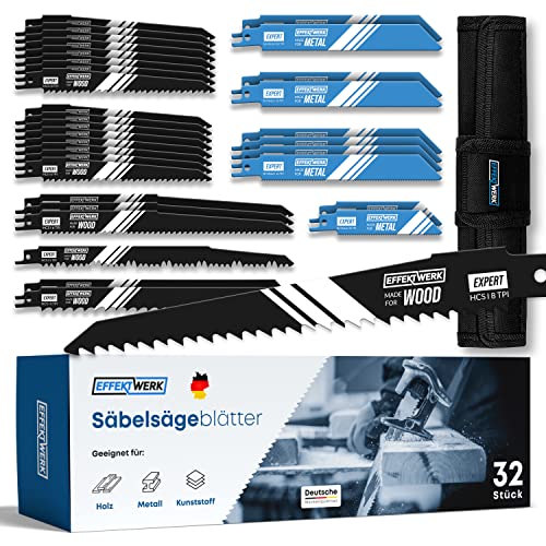 Effektwerk Reciprocating Saw Blades (32 Pieces) w/Storage Case Carbide Steel Replacement Saw Blade Set for Tree Pruning HCS & Bi-Metal Sabre Saws for Wood Metal & Plastic
