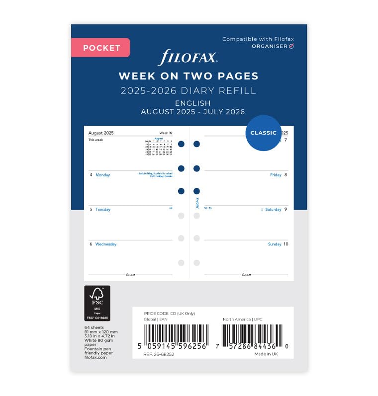 Filofax Week on Two Pages 2025-2026 Pocket Academic Diary Refill, English, 3.18"x4.72"