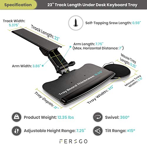 FERSGO Under Desk Keyboard Tray 20" x 11",Easy to Install Sliding