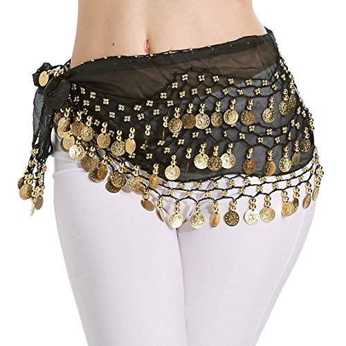 MSZSA 3 Rows Belly Dance Hip Scarf WRAP Belt Dancer Skirt Costume Coins (Black)