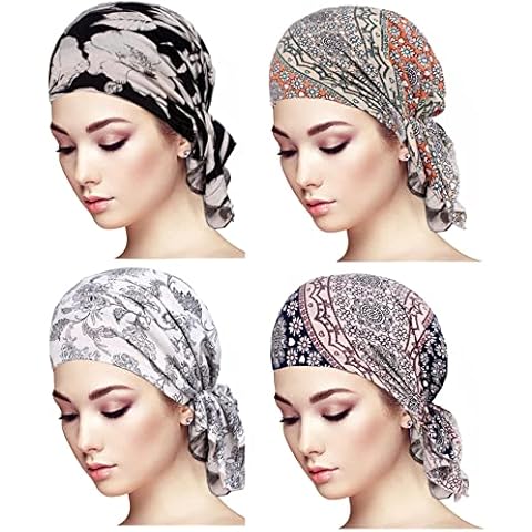 4 Packs Pre Tied Chemo Head Scarf Beanie Skull Cover Cap for Women (F277-1) Cover