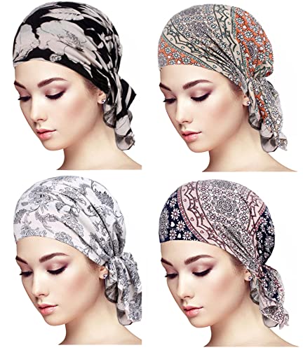 4 Paquetes de Bufanda preatada para Cabeza de quimio, Gorro con Cubierta de Calavera para Mujer (F277-1) Cover