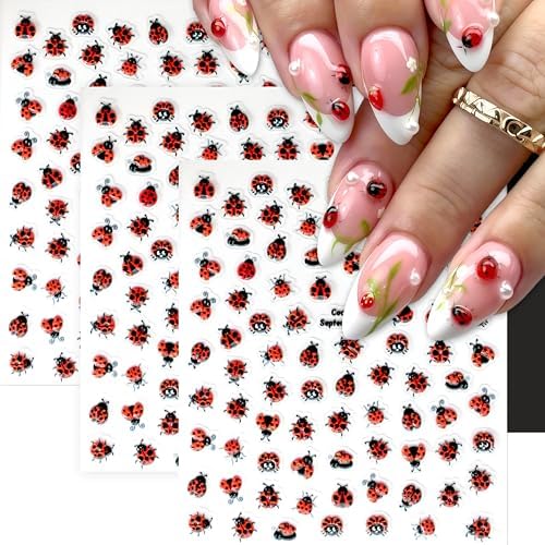 3 Sheets Ladybug Nail Art Stickers 5D Embossed Ladybug Self-Adhes...