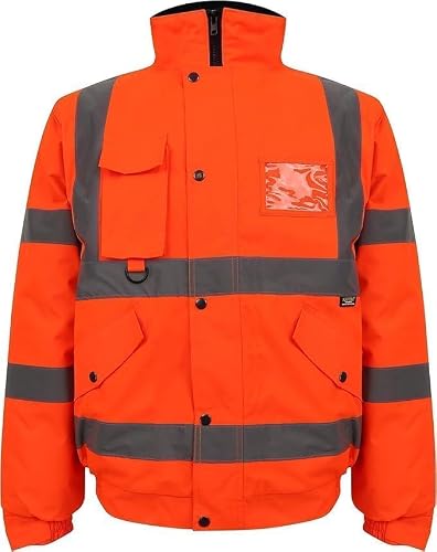 Image of Hi Vis Bomber Jacket Waterproof Safety Workwear – Reflective High Visibility Coat with Padded Lining, Durable Wind Resistant Outdoor Work Jacket (UK, Alpha, S, Regular, Regular, Orange)