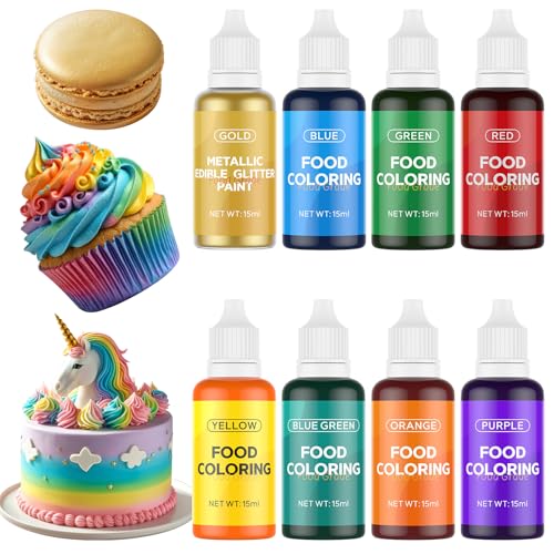 Food Colouring Set - 8 Colours x 15ml Concentrated Food Coloring, Edible Metallic Gold and Rainbow Food Colouring Liquid, Vibrant Food Colour Dye for Baking, Icing, Easter Decorating and DIY Crafts