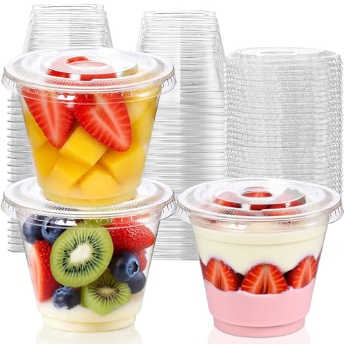 50 Packs 9oz Disposable Dessert Cups with Lids No Hole, Clear Plastic Cups with Lids for Ice Cream, Cake, Snacks, Fruit, Cold Drinks, Smoothie, Pudding, Salad