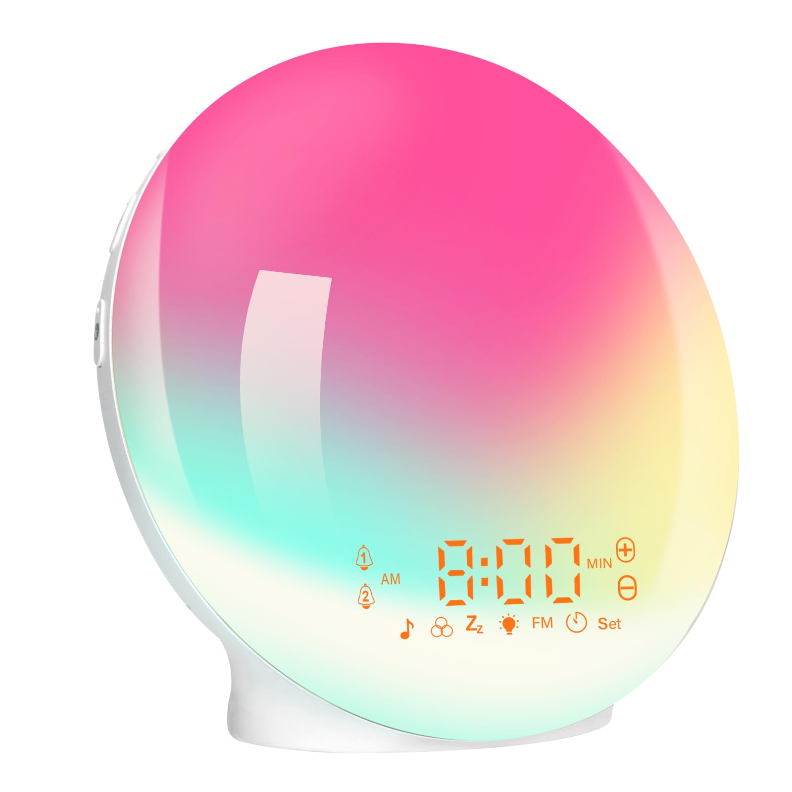 Sveglia luminosasvegliare con luce per simulare l'alba e il tramonto, doppio allarme e funzione snooze, 11 colori di luce, 7 suoni naturali, radio FM