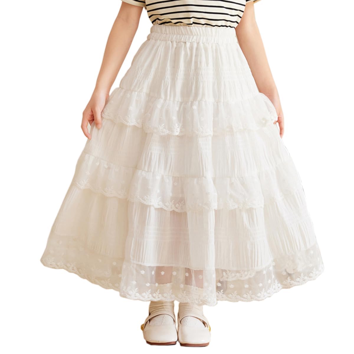 Citridarll Boho Maxi Skirts for Teen Girls Long Solid Casual Tiered Ruffles Elastic Waist A Line Beach Skirts with Lace Trim 150, 9-10 Years, White-Lace Hem
