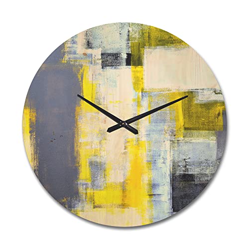 DesignQ 'Yellow and Grey Abstract ' Modern Wood Wall Clock Large Decorative Modern Wall Clock Oversized Wood Clocks for Living Room Décor