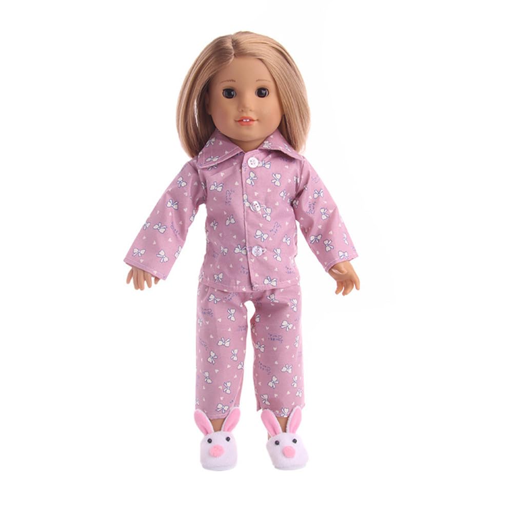 Codulu Baby Doll Clothes for 18in American Doll-Bowknot Printed Pajamas Sleepwear Summer Outfits Accessories for 43-46cm Girl Doll Gifts-2PCS/Set-C