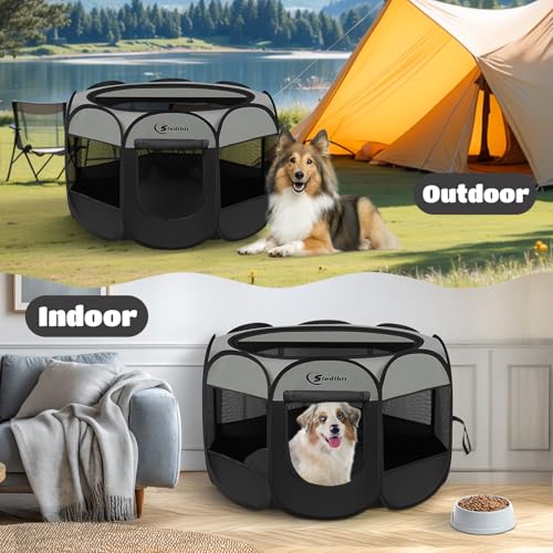 Image of Siedihit Dark Grey Puppy Playpen for Large Dog Cat, Dogs Tent Crates Cage Indoor /Outdoor, Portable Pop Up Dog Kennel with Carrying Bag for Rabbits, (Dark Grey, Large)