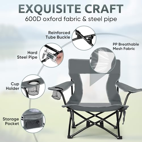 Image of HaSteeL Folding Beach Chair Set of 2, Foldable Grey Camping Chairs for Outside, Low Beach Chair Portable for Adults Fishing, Picnic, Outdoor BBQ, Travel, Sports, Cup Holder & Storage Bag