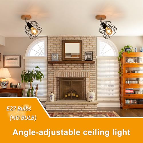 Tealight 2 Piezas Lampara Techo, Lámparas de Techo Vintage, Retro Lámpara Colgante de Madera Metal Diseño de Jaula Pantalla Negro E27 Luz Iluminación de Techo Interior para Pasillo Dormitorio Salón - imagen 5