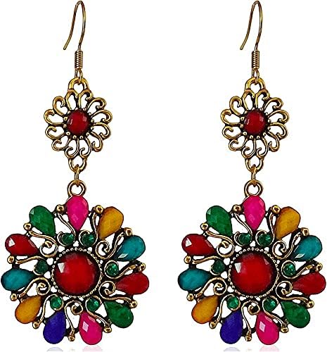 XFORLONG Vintage Style Bohemian Multicolor Dainty Created Gemstones Dangle Drop National Boho Round Shape Earrings for Women&Girls Large