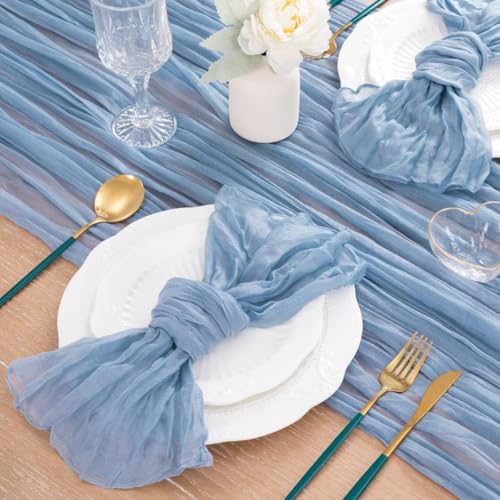 Image of MLMC Dusty Blue Table Runner 10ft Boho Gauze Blue Cheesecloth Table Runner Rustic Cheese Cloth Centerpiece 35x120 Inches for Wedding Bridal Shower Baby Shower Party Decor
