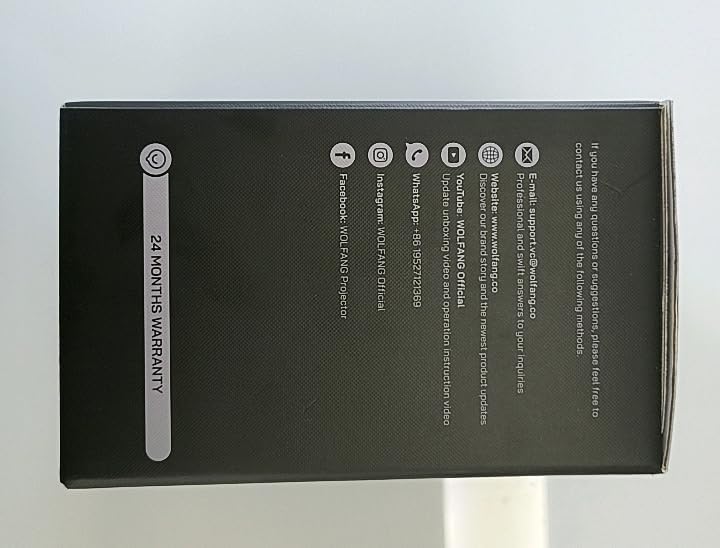 WOLFANG Portable Projector WP05 Box Side with Warranty Info