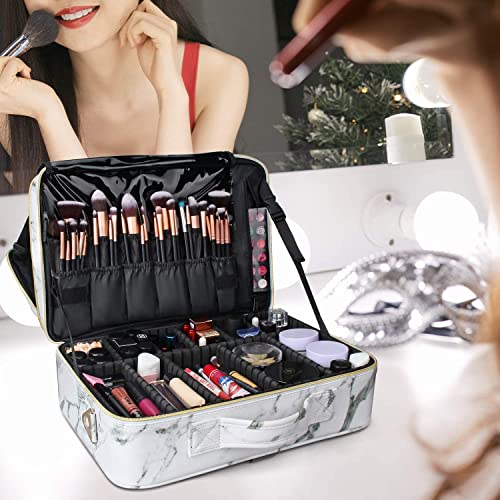 Image of Adson Large Makeup Bag 3 Layers Professional Train Cosmetic Bag Makeup Organizer Case Artist Storage Brush Box with Adjustable Dividers and Strap for Makeup Accessories (White Marble Pattern)