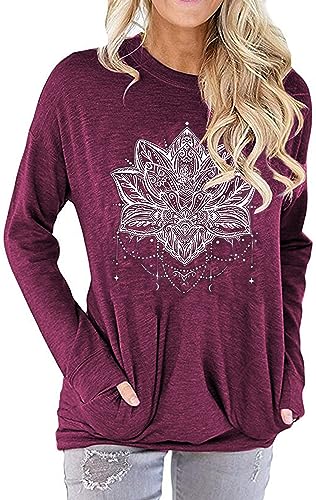 Hount Womens Graphic Vintage Long Sleeve Shirts Lightweight Sweatshirt Fashion Fall Top Tshirts Purple Mandala XXL