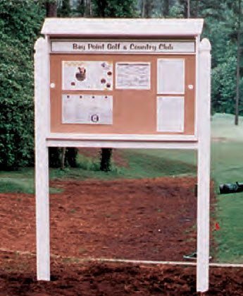 BuyBocceBalls Listing - Tennis, Bocce, Golf Court Accessories - Messaging Boards - Outpost Message Center with Acrylic Doors - Model 150 - Green - Post Attached, Header Sign, Sliding Door Lock