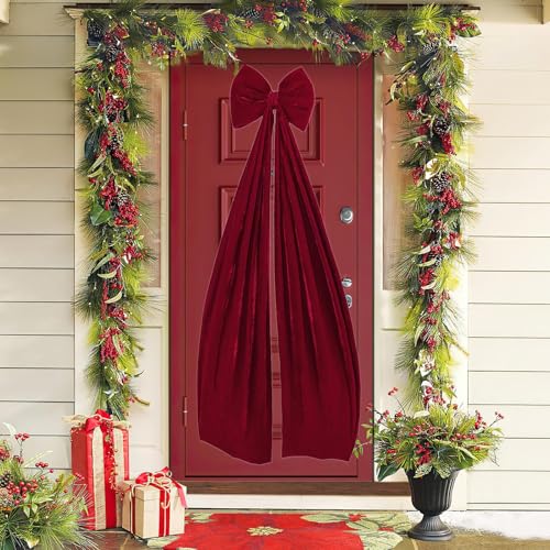 Lazos de terciopelo rojo de estilo vintage para adornos de navidad elegantes en el porche 4